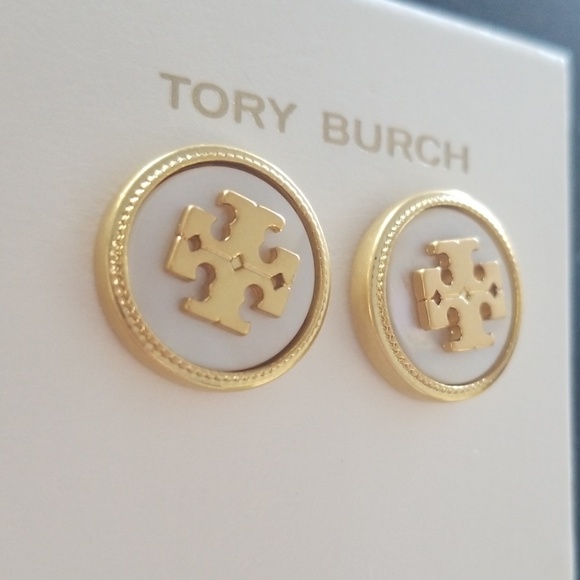 Tory Burch Gold & White Logo M. O. Pearl Earrings - Picture 6 of 6